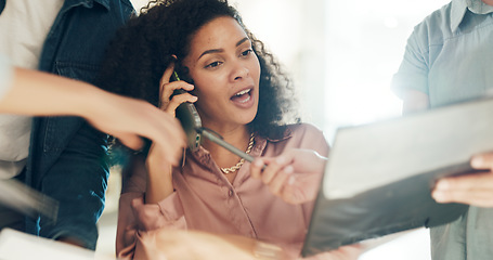Image showing Phone call, business and woman with multitasking, frustrated and pressure with agent, burnout and financial report. Person, employee and human resources with workflow crisis, overworked and stress