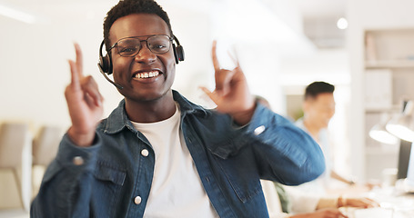 Image showing Rock sign, call center and portrait of black man for celebration, success and achievement in office. Telemarketing, emoji and happy consultant smile for customer service, support and crm business