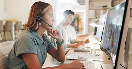 Image showing Call center, consulting and thinking with black man in office for contact us, communication and customer support. Salesman, help desk and technical support with person in crm agency for telemarketing