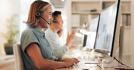 Image showing Call center, consulting and laughing with woman in office for contact us, communication and customer service. Salesman, help desk and technical support with person in crm agency for telemarketing