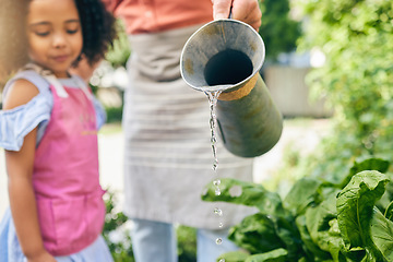 Image showing Gardening, dad and child water plants, teaching and learning with growth in nature together. Backyard, sustainability and father helping daughter watering vegetable garden with love, support and fun.