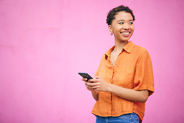 Image showing Happy, search and space with woman and phone for network, social media and communication. Contact, post and technology with person on pink background for gen z, notification and mobile app mockup