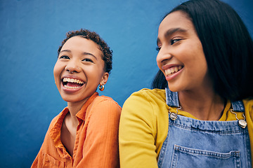 Image showing Relax, friends and smile with women on wall background for teenager, youth and happy. Student, happiness and gen z with face of young girls in urban city for social, fashion and freedom together