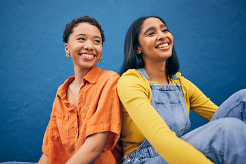 Image showing Happy, friends and gen z with women on wall background for teenager, youth and smile. Relax, happiness and students with face of young girls in urban city for social, fashion and freedom together