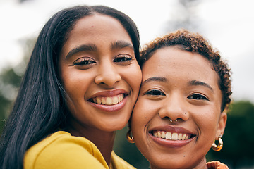 Image showing Lesbian, couple and outdoor portrait together with smile of happiness on date in park, woods or bonding in nature. Happy, face and LGBT women in relationship, commitment or love with freedom