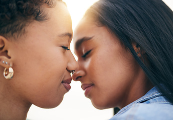 Image showing Lgbtq couple, love and intimate at sunset outdoor, bonding and romance on date together. Partner, gay women and nose touch for care, commitment and loyalty, trust and support for lesbian people