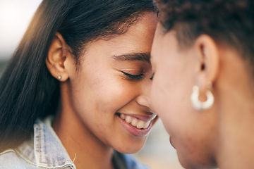 Image showing Love, lesbian and intimate couple outdoor, bonding and romance on date together. Happy, gay women and forehead touch for care, commitment and loyalty, trust and support for lgbtq, queer or homosexual