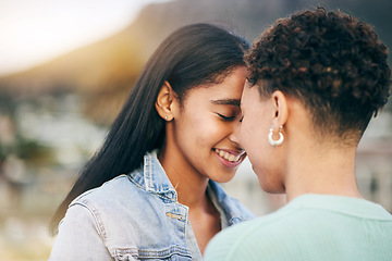 Image showing Women, lesbian and couple with forehead touch and love, pride with gen z youth and romance outdoor. Female people together, gay relationship and lgbt with date, partner and trust with hug and support