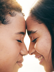 Image showing Face, lesbian couple and gay love outdoor with happiness, care and pride in summer. Closeup of LGBTQ women, friends or people in nature for freedom, romantic date and commitment in happy relationship