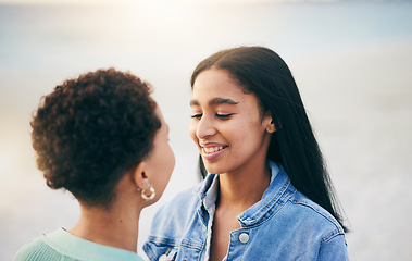 Image showing Lesbian, gay and a couple with love outdoor for happiness, care and pride in summer. Closeup of LGBTQ women, friends or people in nature for freedom, romantic date or commitment in happy relationship