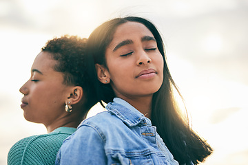 Image showing Friends, gay women or couple with love outdoor at sunset in summer. Closeup of LGBTQ or lesbian people in nature for freedom, romantic date and commitment with support and trust in happy relationship