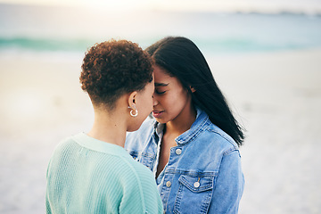 Image showing Love, lesbian partner or gay couple outdoor with trust, care and pride in summer. LGBTQ women, friends or people touch forehead in nature for freedom, romantic date and commitment on beach holiday
