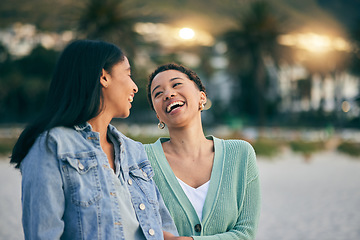 Image showing Laughing, friends or gay couple with outdoor for travel walk, pride or date in Miami. LGBTQ or lesbian women, friends or people together for freedom, funny conversation or commitment to happy partner