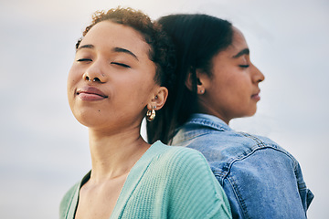 Image showing Women, lesbian and couple with peace and love, pride with gen z youth and romance outdoor. Female people together, gay relationship and lgbt with date, partner and trust with freedom and support