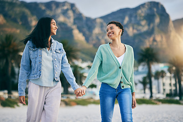 Image showing Holding hands, gay couple and women friends outdoor with trust, freedom and pride on travel. LGBTQ or lesbian people in nature for walk, romantic date and commitment to happy partner in South Africa