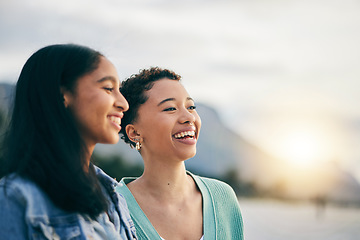 Image showing Friends, gay women or couple with love outdoor at sunset in summer. Smile of LGBTQ or lesbian people in nature for freedom, student holiday and travel or date with african partner and space in sky