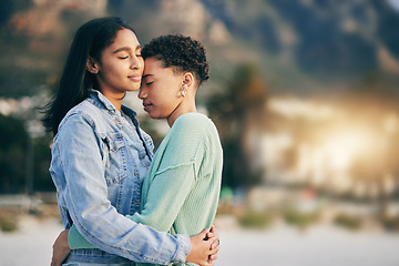 Image showing Women hug, lesbian and couple with peace and love, pride with gen z youth and romance outdoor. Female people together, gay relationship and lgbt with date, partner and trust with embrace and support
