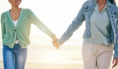 Image showing Love, beach and lesbian couple on holding hands on sunset holiday adventure, date or quality time together. Lgbt women, bonding and relax on ocean vacation with romance, pride and happy in nature.