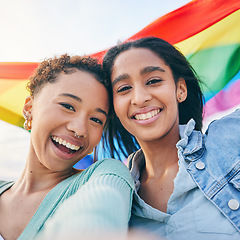 Image showing Portrait, couple and lesbian with women in selfie, pride flag and lgbt relationship, happiness outdoor. Female people smile in picture, gen z youth and gay equality, support and trust with partner