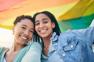 Image showing Portrait, happy couple and lesbian with women in selfie, pride flag and lgbt relationship with happiness. Female people smile in picture, gen z youth and gay equality, support and trust with partner