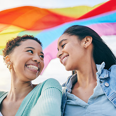 Image showing Happy, couple and lesbian with women in selfie, pride flag and lgbt relationship with love and happiness. Female people smile in picture, gen z youth and gay equality, support and trust with partner