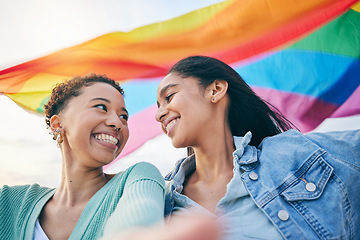 Image showing Happy couple, lesbian with women in selfie, pride flag and lgbt relationship with love and happiness. Female people smile in picture, gen z youth and gay equality, support and trust with partner