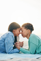 Image showing Women, lesbian and couple with peace and forehead touch, pride with gen z youth and romance outdoor. Female people together, gay relationship and lgbt with date, partner with love and holding hands