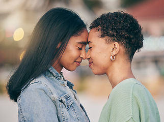 Image showing Lesbian, love and intimate couple outdoor, bonding and romance on date together. Happy, gay women and forehead touch for care, commitment and loyalty, trust and support for lgbtq, queer or homosexual
