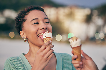 Image showing Woman, eating ice cream and beach with smile, thinking and memory for sweets, treat and cone on summer vacation. African girl, gelato and happy for dessert, food or candy by ocean for holiday outdoor