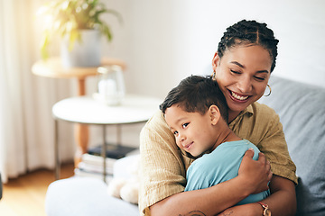 Image showing Love, home mom and happy kid hug parent for support, care and connect in Brazil apartment. Smile, happiness and family mama, child or people enjoy quality time together, embrace or relax in lounge