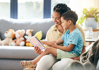 Image showing Book, reading and mother with kid in living room for storytelling on sofa of happy home, teaching and bonding fun. Love, learning and mom with child, fantasy story on couch and quality time together.