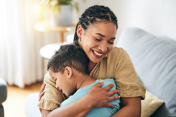 Image showing Home, hug and happy family mom, kid and bonding, support and love for young son on lounge couch. Smile, connect and hugging mama, child or people enjoy quality time together for Mothers Day care