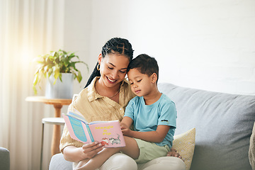 Image showing Book, reading and mom with child on sofa for storytelling in living room of happy home, teaching and bonding fun. Love, learning and mother with kid, fantasy story on couch and quality time together.