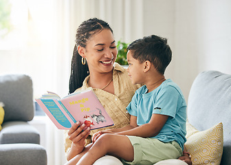 Image showing Book, reading and bonding, mother with kid on sofa for storytelling in living room of happy home, teaching and fun. Love, learning and mom with child, fantasy story on couch and quality time together