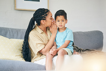 Image showing Secret, family child and mother whisper, gossip and talking to young son about home news on living room sofa. Quiet conversation, confidential and relax mama, people or kid listening to private info