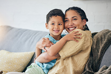 Image showing Love, hug and happy family mom, child and bonding, support and care for young son on living room sofa. Happiness, home affection and relax mama, kid or people enjoy quality time for Mothers Day