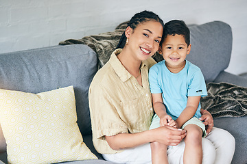 Image showing Living room portrait, relax and happy mother, child and smile for motherhood, childhood and family love bond, support or care. Lounge sofa, mom and mama connect with young kid in home quality time