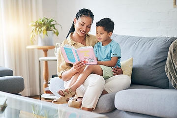 Image showing Book, reading and mother with kid on sofa for storytelling in living room of happy home, teaching and bonding fun. Love, learning and mom with child, fantasy story on couch and quality time together.