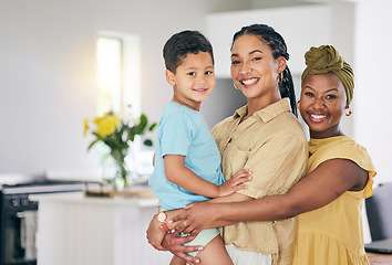 Image showing LGBT, kid and happy couple hug, portrait and smile for family solidarity, home support or enjoy quality time together. Love, hugging and gay people, mothers or lesbian women with adopted child in USA