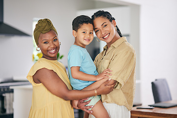 Image showing LGBTQ, child or couple hug, portrait and happy queer family, non binary partner or transgender mom enjoy time together. Home bond, embrace or gay people, mothers or lesbian women embrace adoption kid