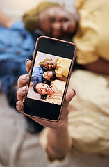 Image showing Woman, lesbian couple and child in selfie on floor for social media, photography or online post together at home. Portrait of happy gay women and little boy or kid smile in adoption, photo or picture