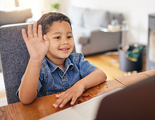 Image showing Happy boy, laptop and waving in video call for elearning, education or virtual classroom introduction at home. Face of child, student or kindergarten greeting on computer for online learning in house