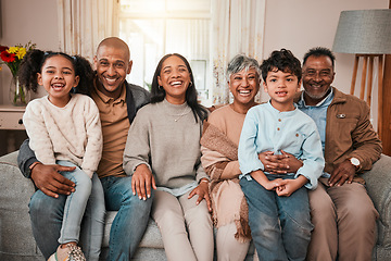 Image showing Family, generations and smile in portrait on couch, bonding with love and care at home. Happy people in living room, grandparents and parents with children relax on sofa with laughter together