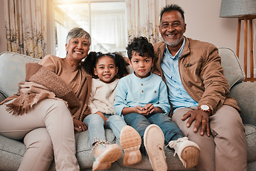 Image showing Family, grandparents and grandkids smile in portrait, bonding with love and care at home. Old man, woman and children in living room, relax on sofa with happiness, weekend with youth and retirement