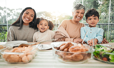 Image showing Happy, food and relax with portrait of family in dining room for lunch, smile and holiday celebration Thanksgiving, party and dinner with people at table in home for nutrition, happiness and love