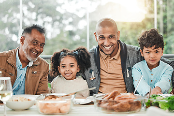 Image showing Smile, food and love with portrait of family in dining room for lunch, happy and holiday celebration. Thanksgiving, party and dinner with people at table in home for nutrition, happiness and relax