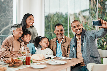 Image showing Family, food and smile for selfie at lunch, dinner or celebrate party together at home. Happy generations of kids, parents and grandparents in profile picture, quality time or reunion at dining table