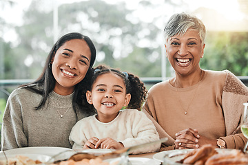 Image showing Smile, food and relax with portrait of family in dining room for lunch, happy and holiday celebration Thanksgiving, party and dinner with women at table in home for nutrition, happiness and love