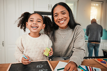 Image showing Learning, home and portrait of mother help child with homework for homeschool lesson, project or assignment. Smile, happy and parent or mom support kid with education, development and studying