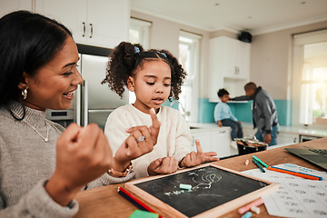 Image showing Learning, math and mother counting with child for homework for homeschool lesson, project or assignment. Smile, happy and parent or mom support child with education, development and studying together